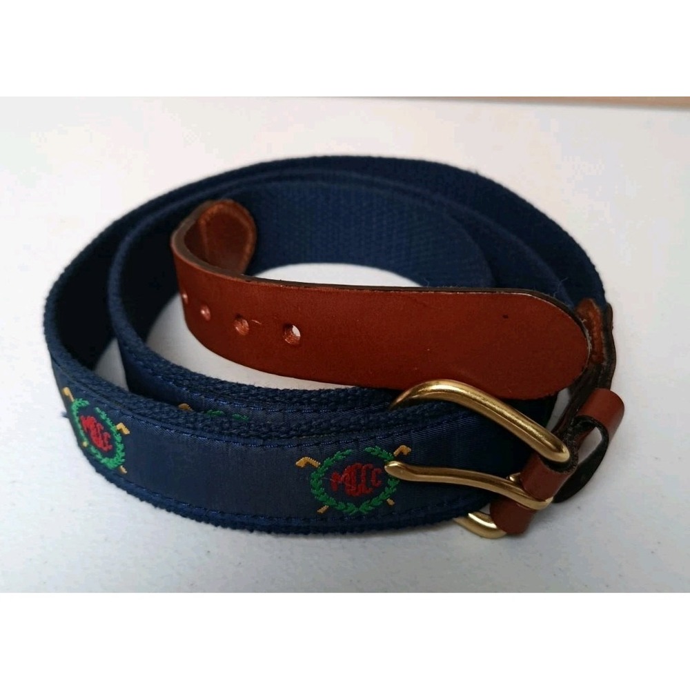 Manufacturers Golf Country LEATHER MAN LTD Embroidered Ribbon Belt 46 Blue ESSEX